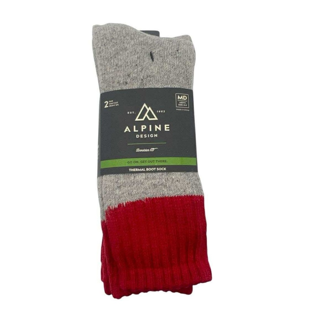 Alpine Design‎ Thermal Boot Socks 2-Pair Pack MD Men's Size 6-9 Gray Red New